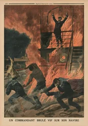 Um Capitão queimou vivo a bordo de seu navio, ilustração de capa do "Le Petit Journal", suplemento ilustre, 10 de maio de 1914